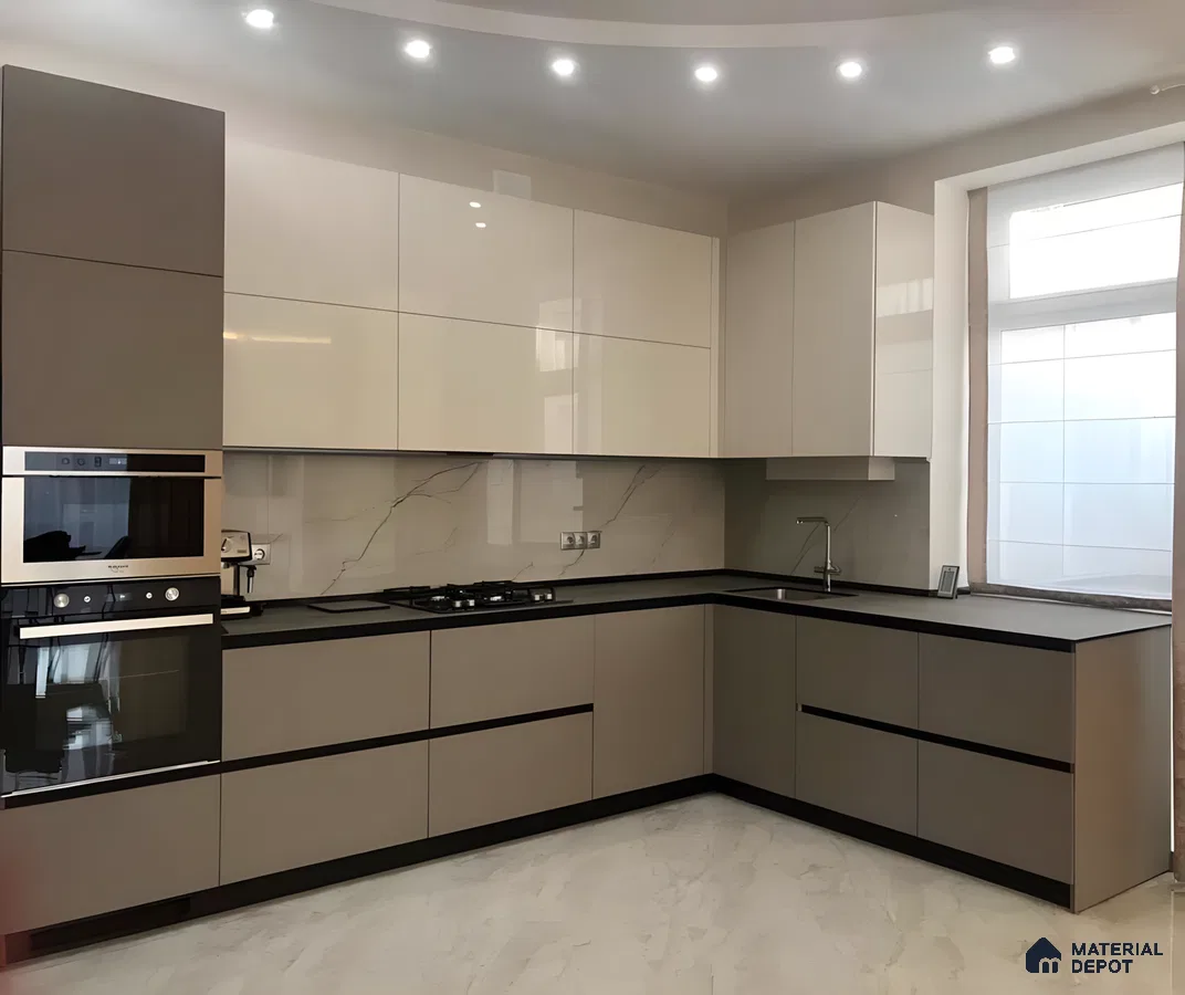 Two-Tone Matte And Gloss Modular Kitchen With Marble Backsplash | Material Depot