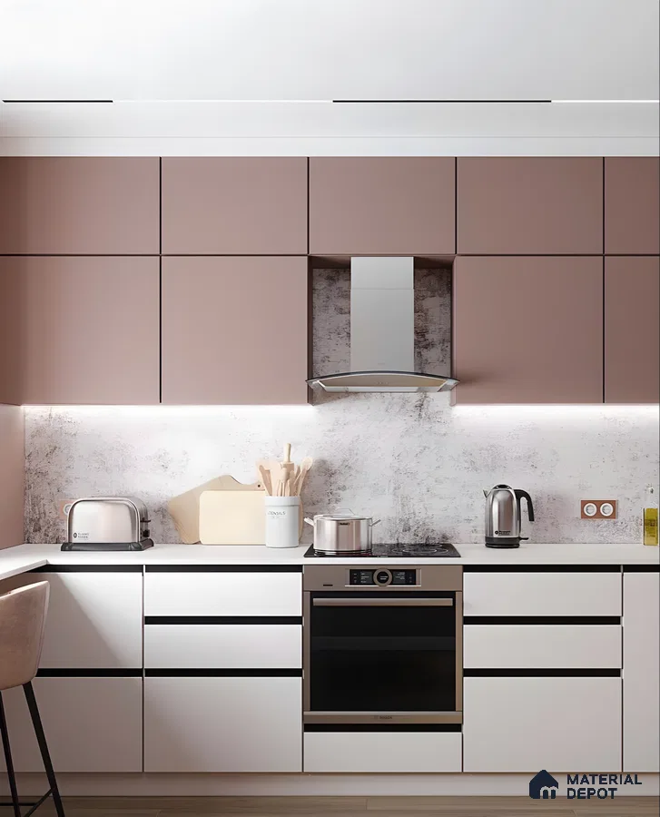 Two-Tone Matte Kitchen With Soft Mauve Cabinets And Minimalist Backsplash | Material Depot