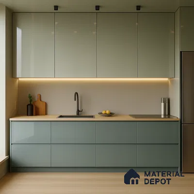 Modern Kitchen with Metallic Finish Laminate Cabinets and Warm Lighting | Material Depot
