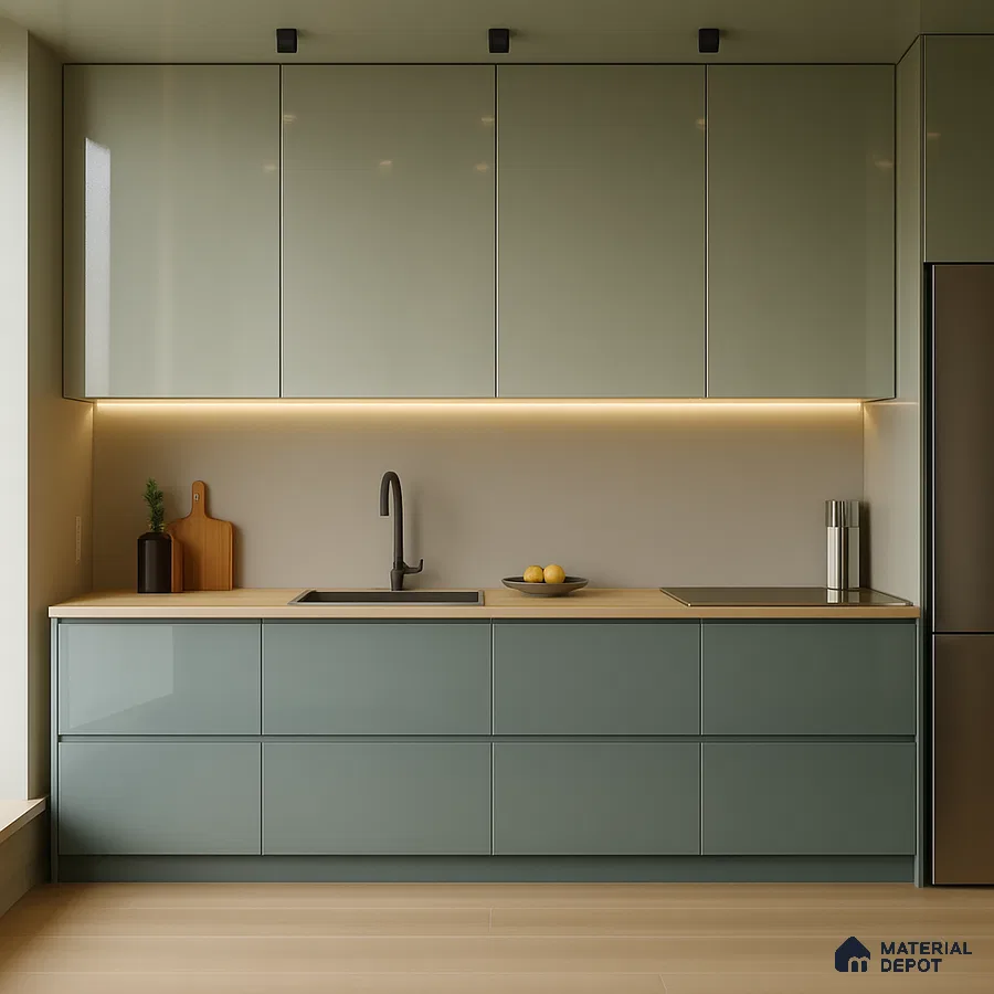 Modern Kitchen with Metallic Finish Laminate Cabinets and Warm Lighting | Material Depot
