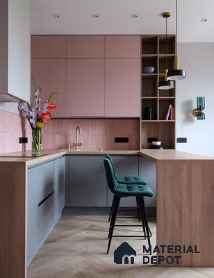 Two-Tone Pink And Grey Kitchen With Wood Accents And Vertical Subway Backsplash | Material Depot