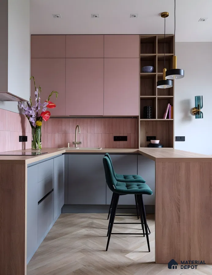 Two-Tone Pink And Grey Kitchen With Wood Accents And Vertical Subway Backsplash | Material Depot