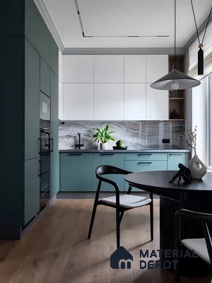 Two-Tone Teal And White Kitchen With Flowing Marble Backsplash And Matte Black Accents | Material Depot