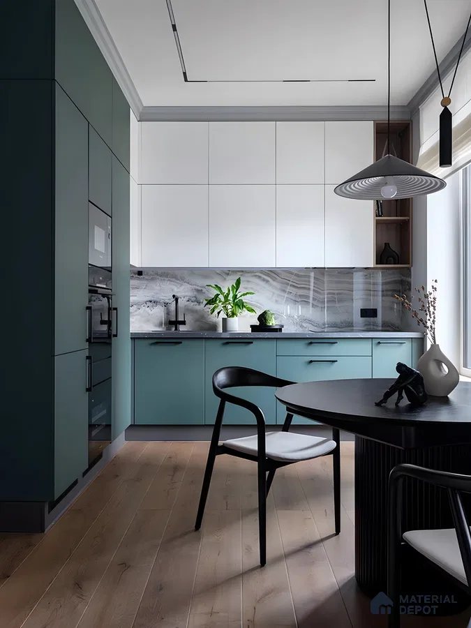 Two-Tone Teal And White Kitchen With Flowing Marble Backsplash And Matte Black Accents | Material Depot