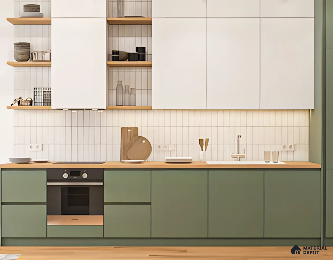 Two-Tone Tranquility: Sage Green and White Kitchen Harmony | Material Depot