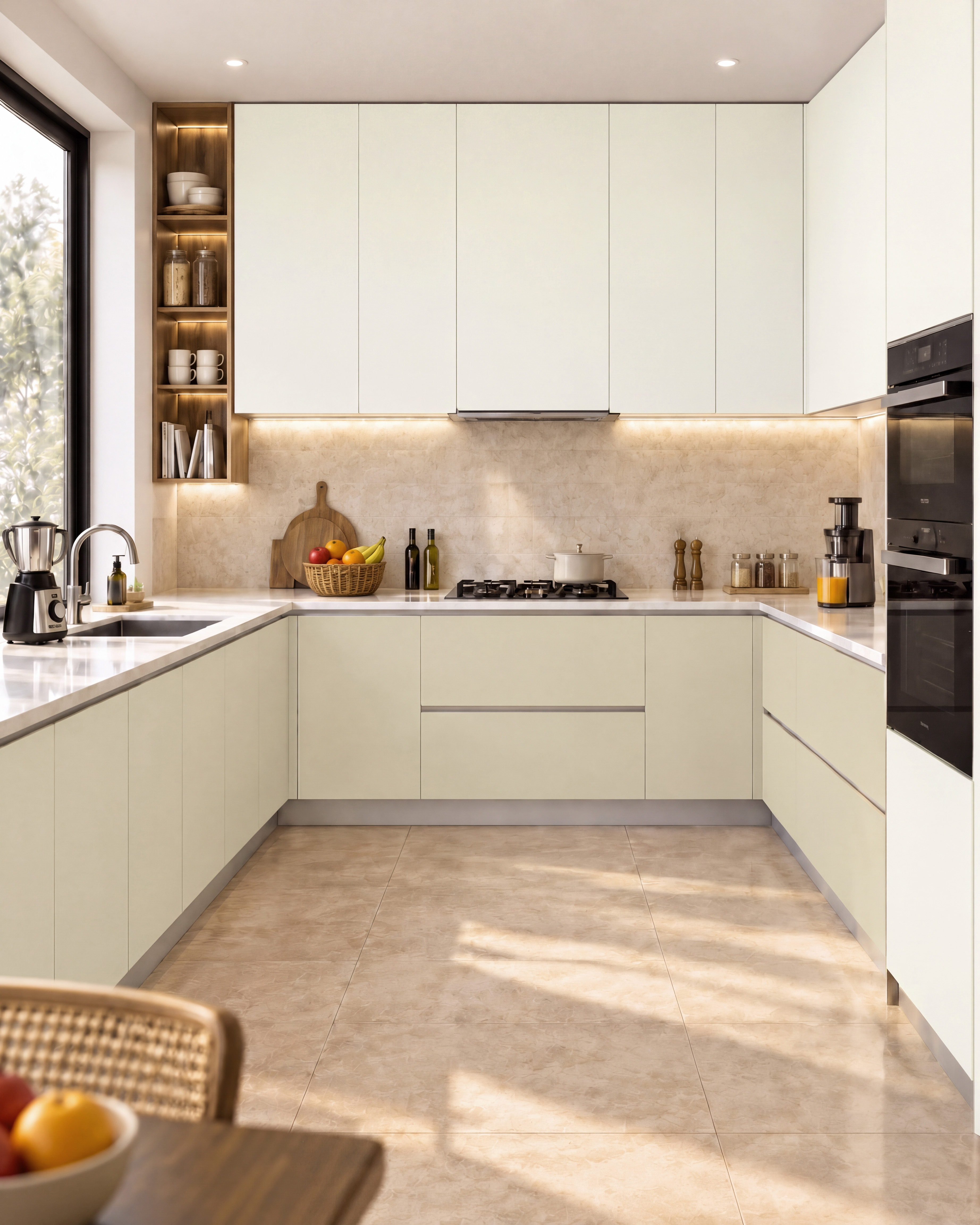 U-Shaped Kitchen with Cream and Ivory Matte Laminate Cabinets