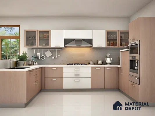 U-Shaped Modular Kitchen Design With White And Wood Cabinets | Material Depot