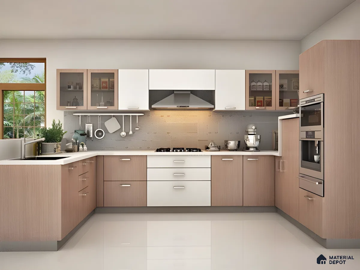 U-Shaped Modular Kitchen Design With White And Wood Cabinets | Material Depot