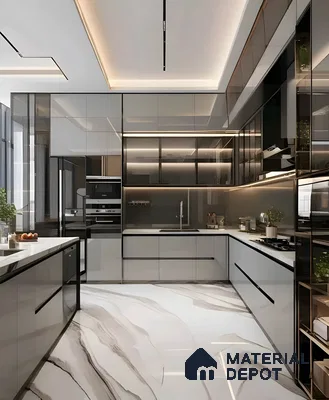 Ultra-Modern Acrylic Kitchen With Marble-Finish Floor And Glass Cabinets | Material Depot