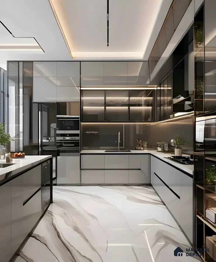Ultra-Modern Acrylic Kitchen With Marble-Finish Floor And Glass Cabinets | Material Depot