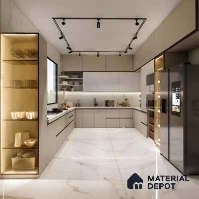 Ultra-Modern Parallel Kitchen With Champagne Matte Cabinets, Marble-Effect Flooring, Fluted Backsplash, And Warm-Lit Display Units | Material Depot