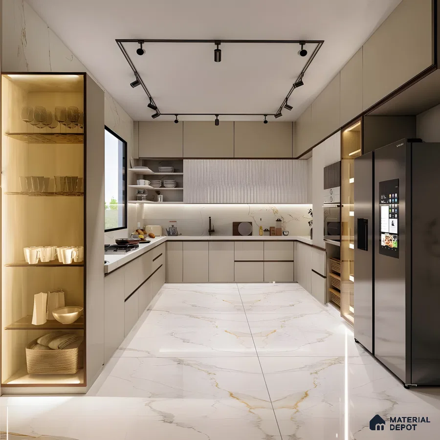 Ultra-Modern Parallel Kitchen With Champagne Matte Cabinets, Marble-Effect Flooring, Fluted Backsplash, And Warm-Lit Display Units | Material Depot