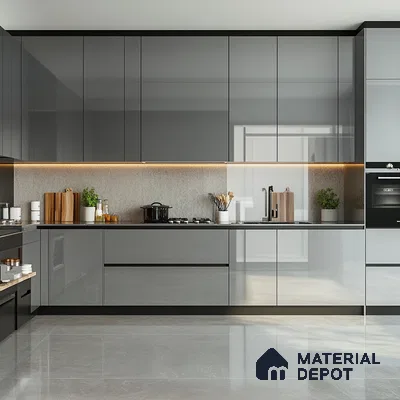 Ultra-Modern Gray Kitchen with Reflective Surfaces and Sophisticated Lighting | Material Depot