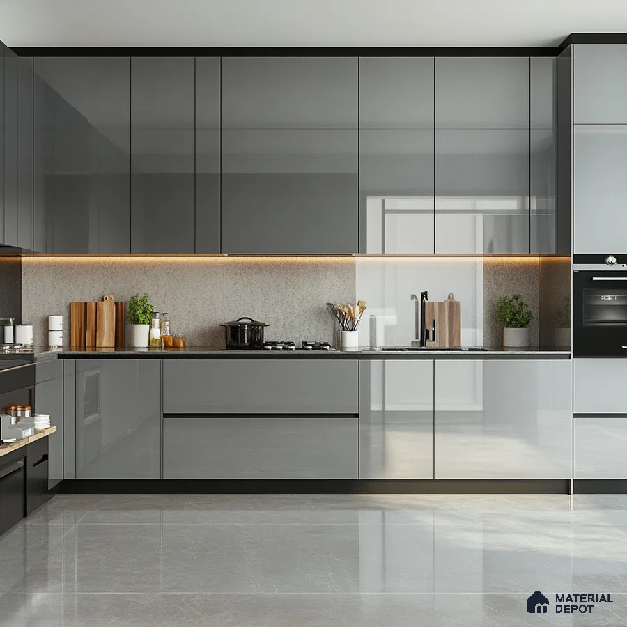 Ultra-Modern Gray Kitchen with Reflective Surfaces and Sophisticated Lighting | Material Depot