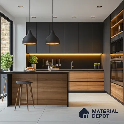 Understated Elegance: Modern Kitchen Design Blending Dark Tones with Natural Wood Elements | Material Depot