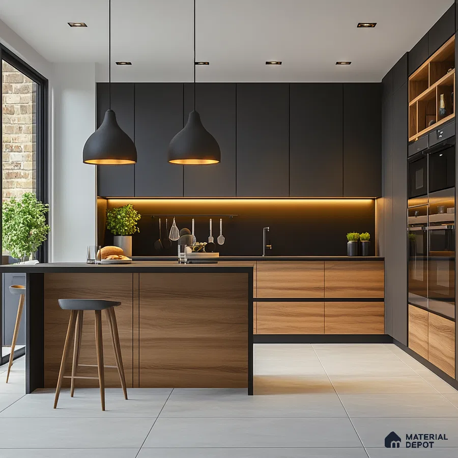 Understated Elegance: Modern Kitchen Design Blending Dark Tones with Natural Wood Elements | Material Depot