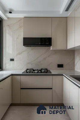 Understated Luxury: Neutral Palette Kitchen with Marble Backsplash and Sophisticated Details | Material Depot