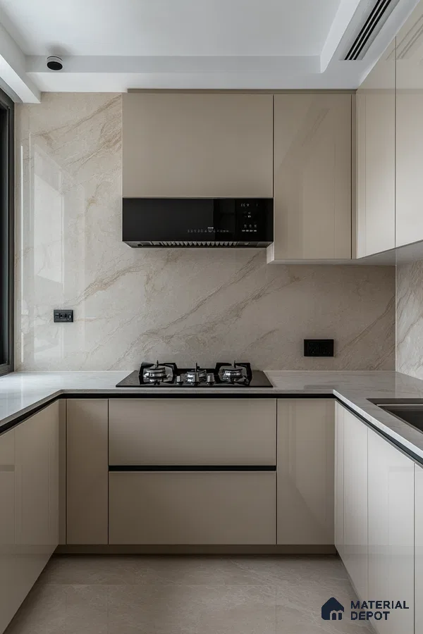 Understated Luxury: Neutral Palette Kitchen with Marble Backsplash and Sophisticated Details | Material Depot