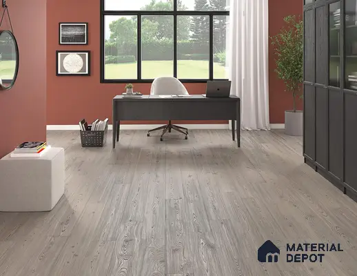 Study room with pastel painted wall and wooden floor