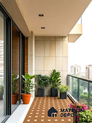 Urban Balcony Garden with Brown Athangudi Outdoor Floor Tiles & Modern Planters | Material Depot