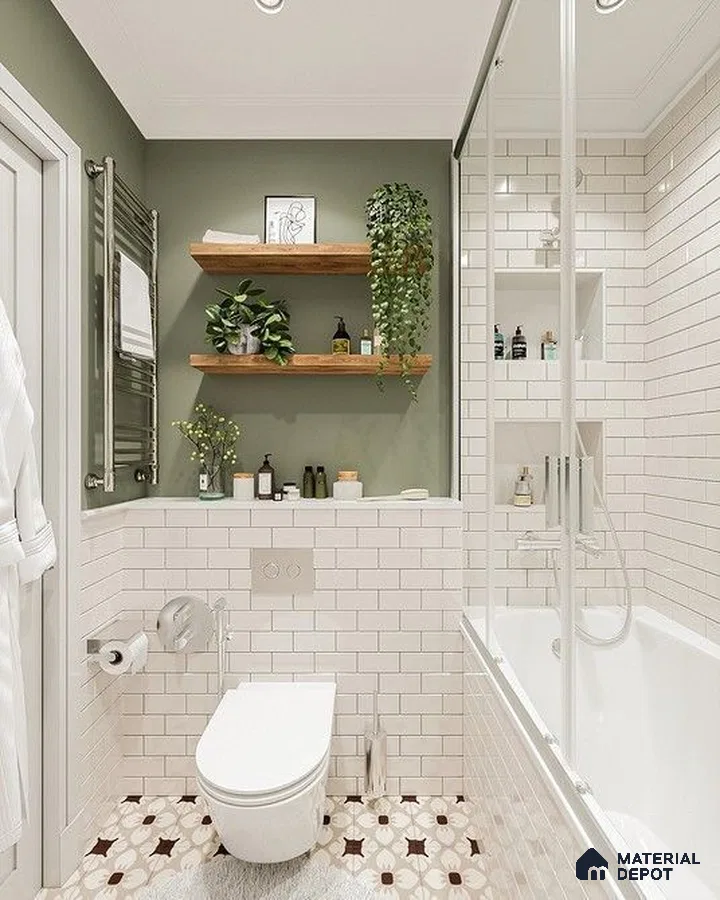 Urban Botanical Bathroom with Olive Green and Floral Motif Accents | Material Depot