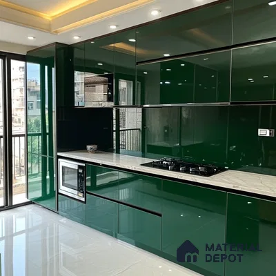 Urban Chic Kitchen Featuring Glossy Green Cabinets and Modern Aesthetics | Material Depot