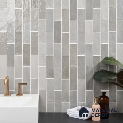 Urban Elegance Vertical Grey Tiles and Sleek Monochrome in Bathroom | Material Depot
