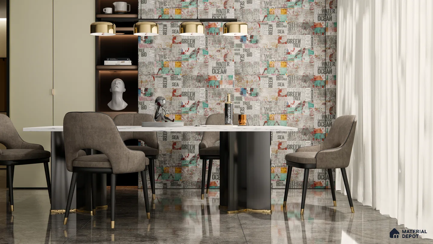 Urban Industrial Dining with Graffiti-Print Wall Tiles | Material Depot