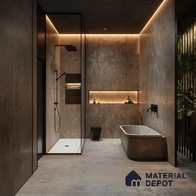 Urban Industrial Luxe: Sophisticated Loft Bathroom with Concrete Accents and Ambient Lighting | Material Depot