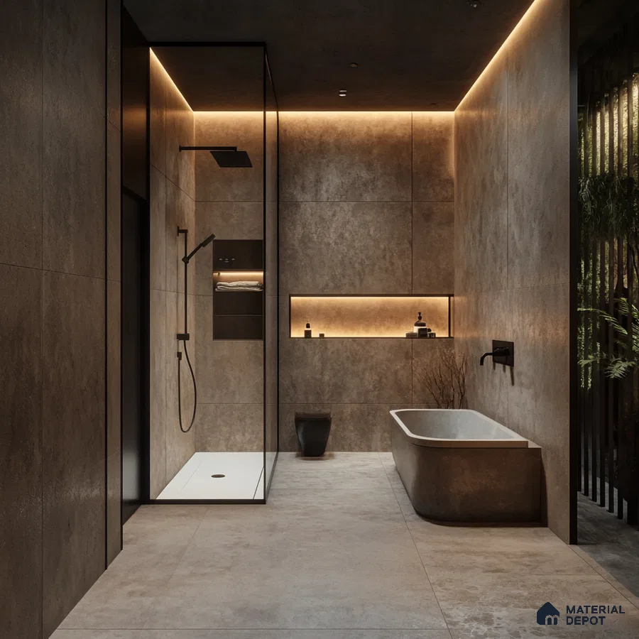 Urban Industrial Luxe: Sophisticated Loft Bathroom with Concrete Accents and Ambient Lighting | Material Depot