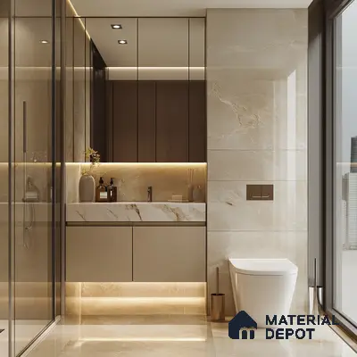 Urban Luxury: Sophisticated High-Rise Bathroom with Marble Details and City Views | Material Depot
