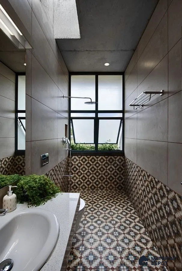Urban Oasis: Sleek Modern Bathroom with Industrial Elements and Patterned Tile Accents | Material Depot