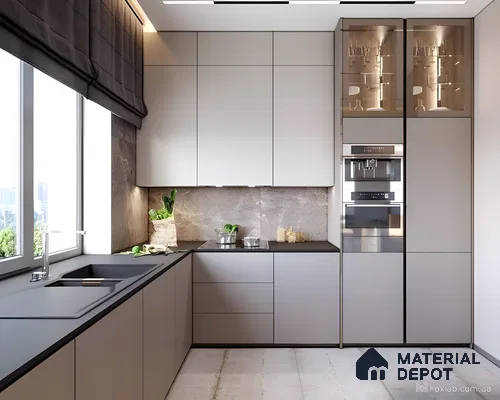 Urban Sophistication: Matte Grey Modular Kitchen With Stone Backsplash | Material Depot