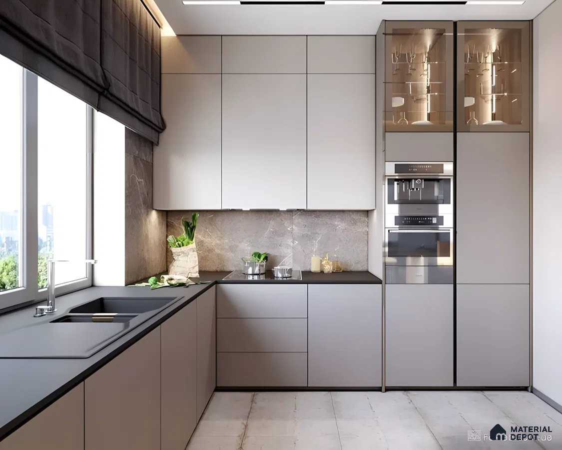 Urban Sophistication: Matte Grey Modular Kitchen With Stone Backsplash | Material Depot