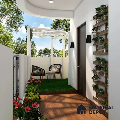 Modern balcony with white pergola and wall-mounted planters.
