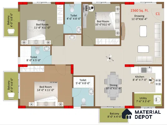Modern 3BHK apartment floor plan with tiled flooring and open plan living-dining layout of 3 BHK apartment in Vaishno Signature Hoodi Bengaluru