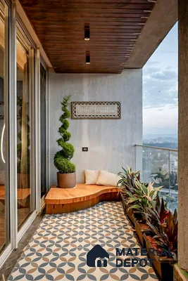 Modern balcony with geometric patterned floor tiles and wooden ceiling panels of 3 BHK apartment in Vaishno Signature Hoodi Bengaluru
