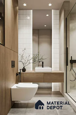Minimalist bathroom with light oak laminate vanity, vertical white subway wall tiles, and large grey floor tiles of 3 BHK apartment in Vaishno Signature Hoodi Bengaluru