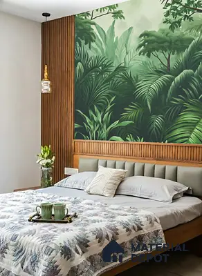 Modern bedroom with tropical wallpaper accent and vertical wooden louvers of 3 BHK apartment in Vaishno Signature Hoodi Bengaluru