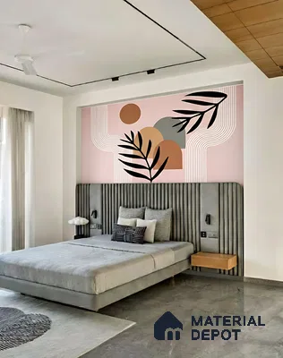 Minimalist bedroom with abstract pastel wallpaper, grey suede upholstered bed, and concrete look floor tile of 3 BHK apartment in Vaishno Signature Hoodi Bengaluru