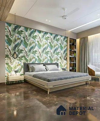 Modern bedroom with tropical wallpaper accent wall and glossy brown marble floor tiles of 3 BHK apartment in Vaishno Signature Hoodi Bengaluru