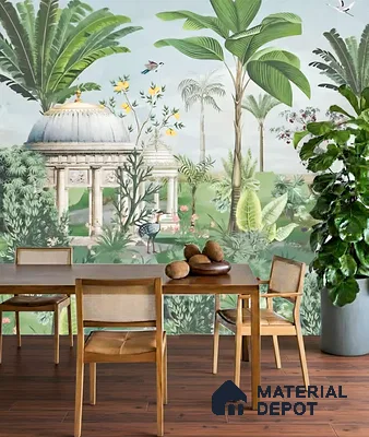 Eclectic dining room with Indian tropical mural wallpaper and natural wood flooring of 3 BHK apartment in Vaishno Signature Hoodi Bengaluru