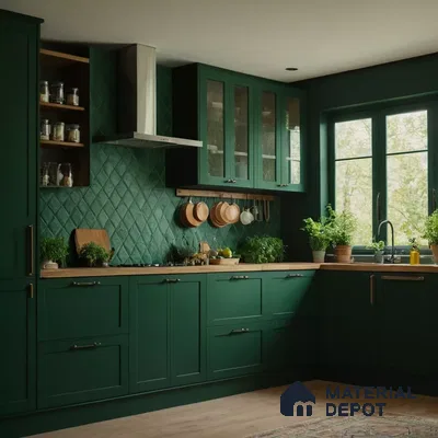 Verdant Elegance: Forest Green Kitchen with Harmonious Tile Backsplash and Ample Natural Light | Material Depot