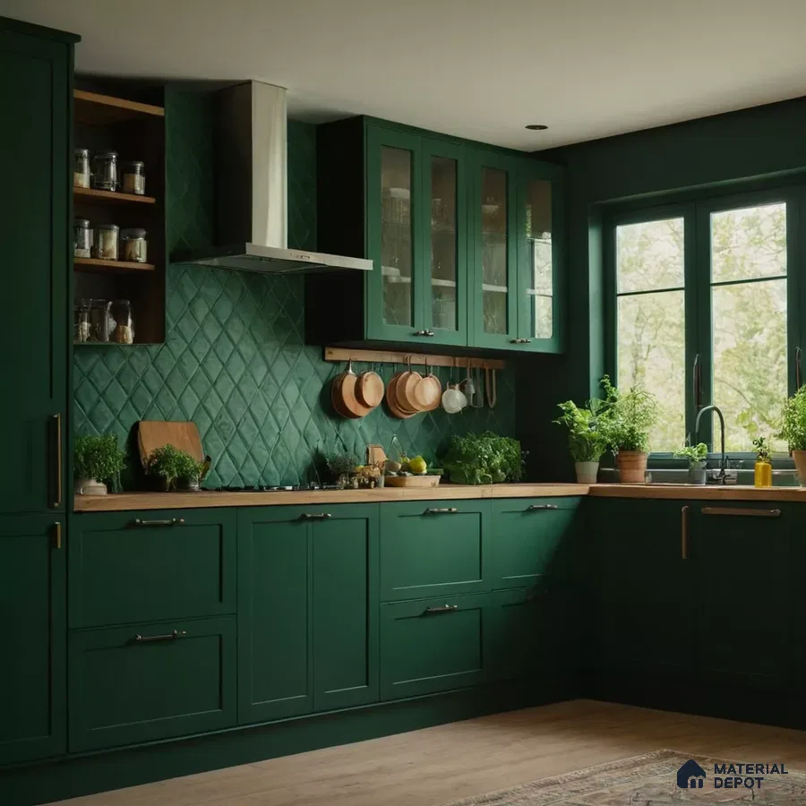 Verdant Elegance: Forest Green Kitchen with Harmonious Tile Backsplash and Ample Natural Light | Material Depot