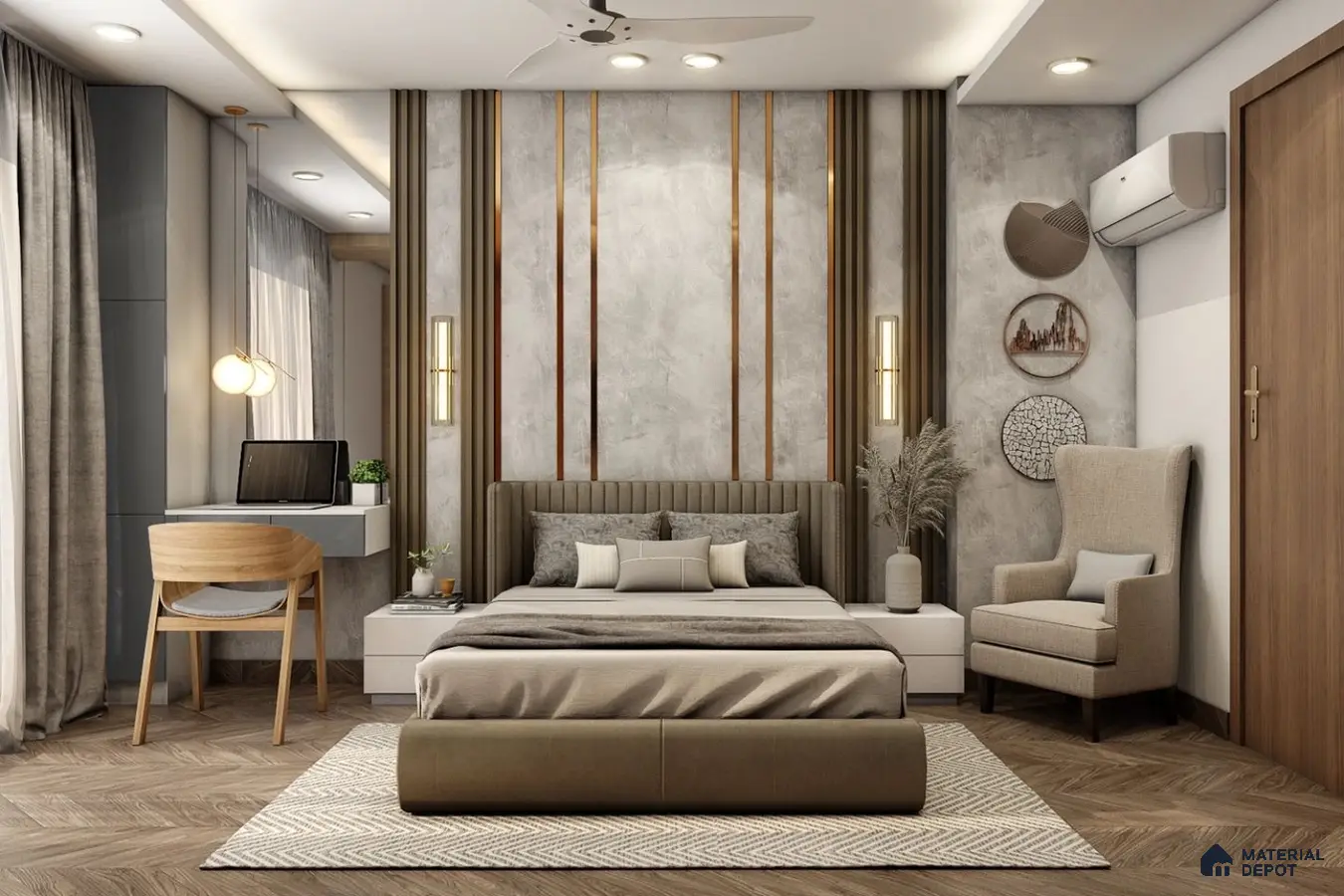 A modern multifunctional master bedroom with wooden panelling and a touch of gold behind the bed, wooden chair accents, and a brownish and golden floor. This room offers versatility and luxury, combining comfort and style.