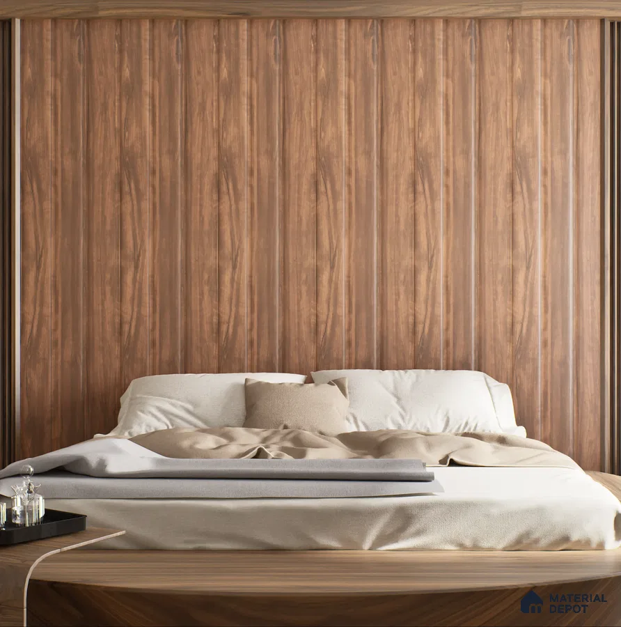 Vertical Wood Paneling Behind a Modern Bed | Material Depot