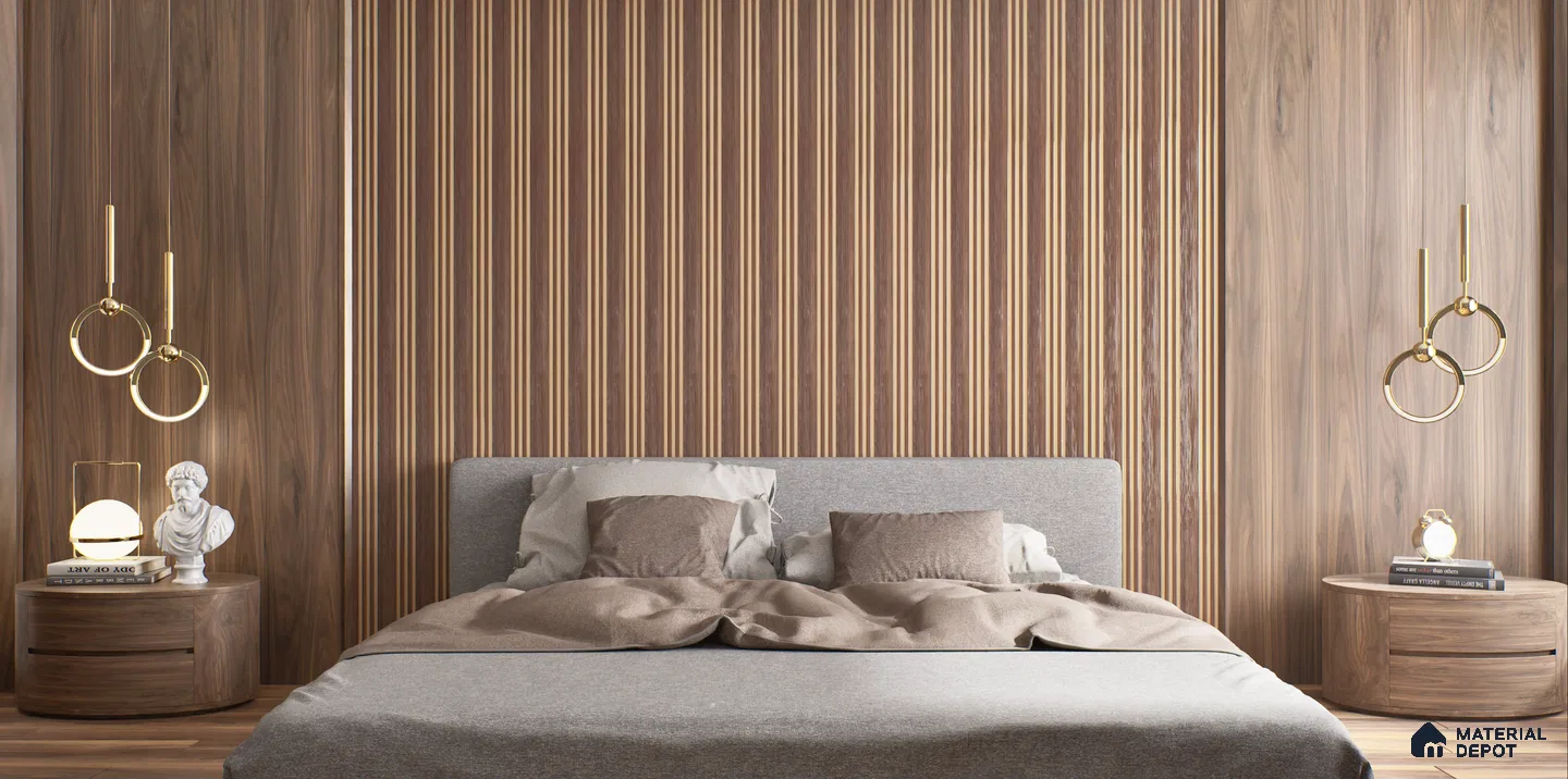 Vertical Wood Paneling with Metallic Accents | Material Depot