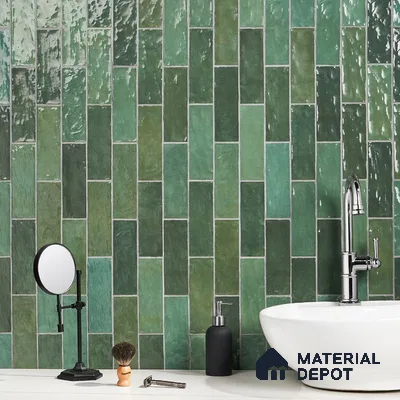 VertiGreen Harmony Longitudinal Tiles and Crisp White Elegance in Bathroom | Material Depot
