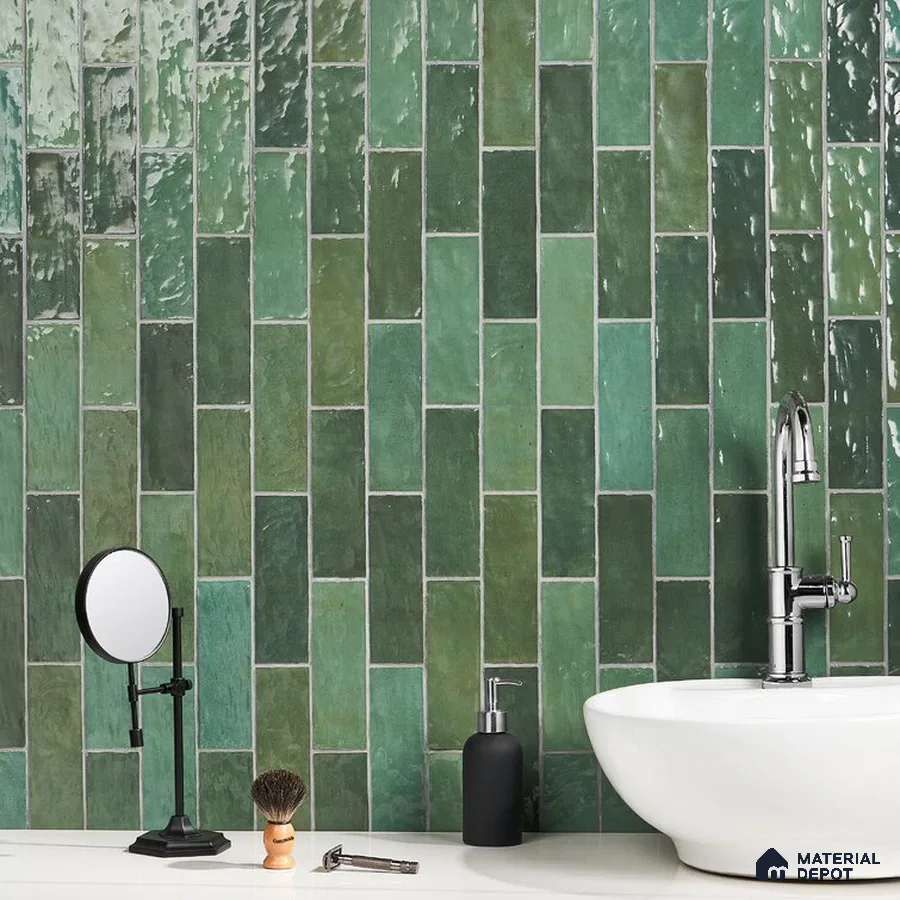 VertiGreen Harmony Longitudinal Tiles and Crisp White Elegance in Bathroom | Material Depot