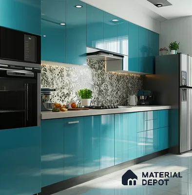 Vibrant Aqua Blue Glossy Solid Laminate Kitchen with Floral Backsplash | Material Depot